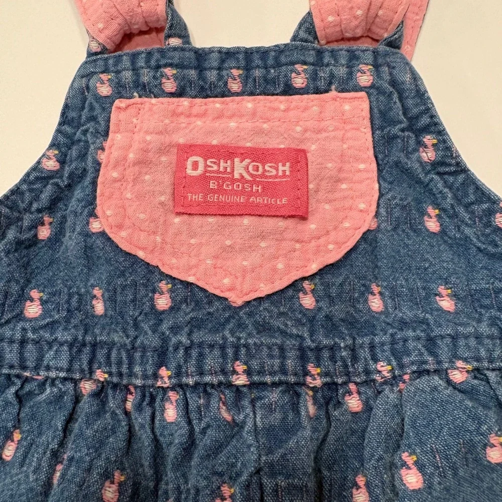 OshKosh B'Gosh 6-9M Pink Duck Print Denim Overalls Quilted Bib Baby VTG